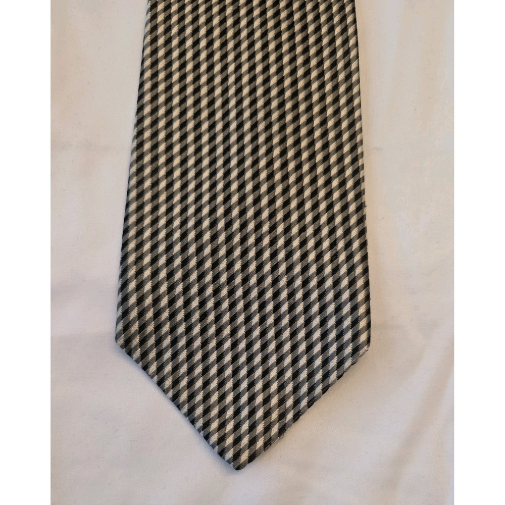 XMI Tie Black, White Geometric Pattern 100% Silk Wide Necktie
